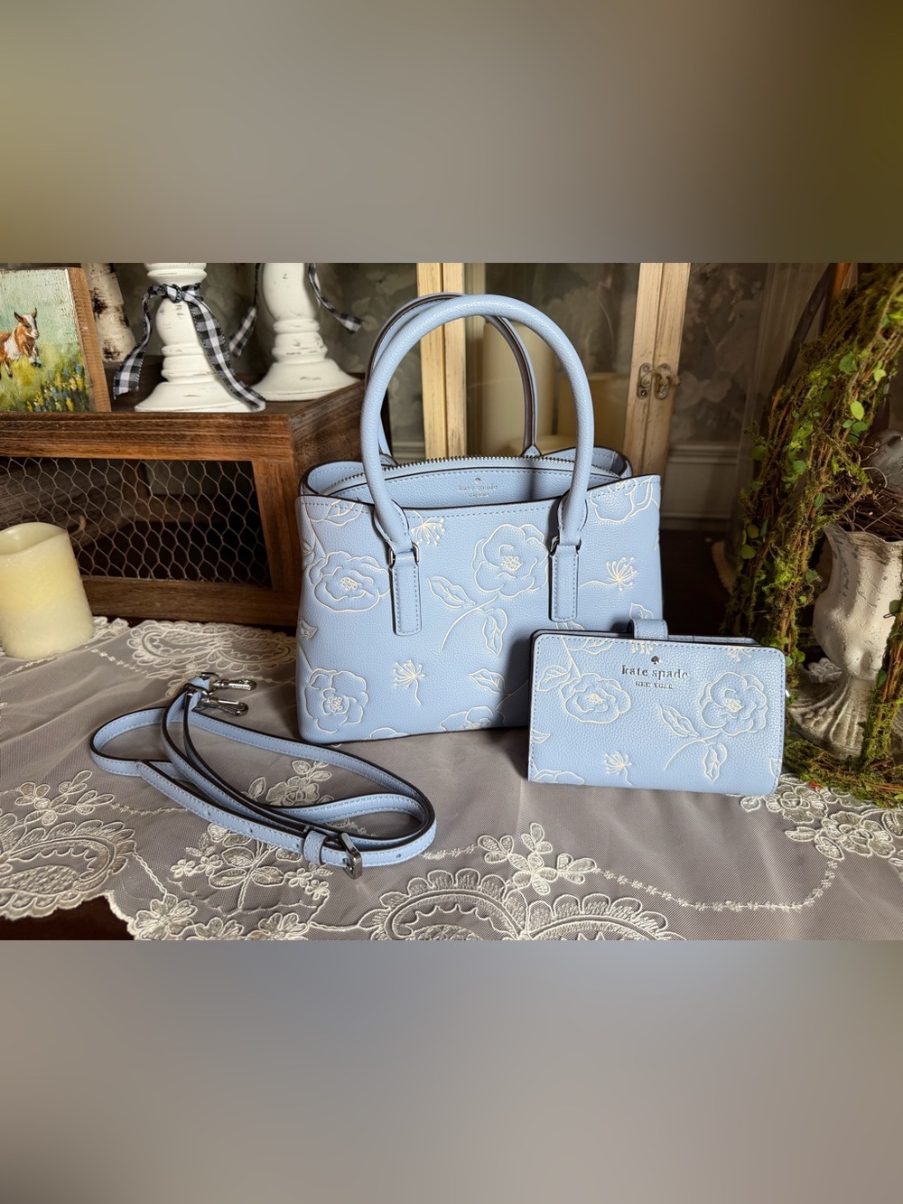 NWT Kate Spade New York Floral Embossed North Star Satchel Handbag & Wallet Set